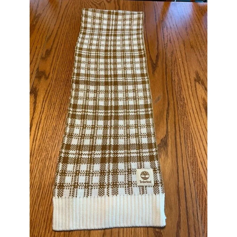 Timberland Brown and White Plaid Knit Scarf NWT